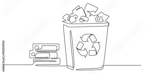 a continuous line drawing of a rectangular trash can filled with crumpled up waste paper. and a neat little pile of three books or documents. a single continuous line vector drawing