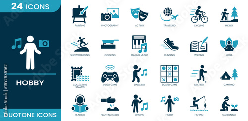 Hobby icon set. Traveling, painting, photography, music, yoga, gaming, camping, reading, fishing, gardening. Duotone vector icons.