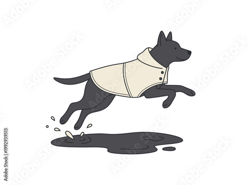 Adorable black dog in a raincoat happily splashing through a puddle, illustration