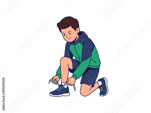 Young boy tying the laces on his athletic sneakers, getting ready for a run or game, active lifestyle illustration
