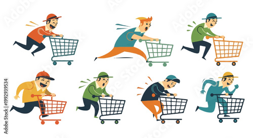 People racing shopping carts cartoon illustration