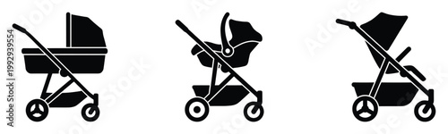 Essential baby transport equipment icons for parenting guides and children product retail displays