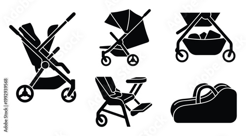 Collection of essential baby strollers high chair and bassinet equipment silhouettes perfect for parenting infographics and childcare resources