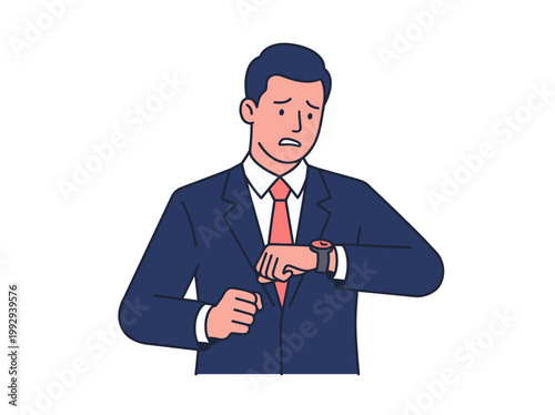 A stressed businessman in a suit checks his watch, expressing concern about being late for an important meeting or appointment