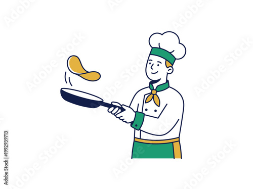 Chef skillfully flipping a pancake in a frying pan with a modern minimalist cartoon illustration style