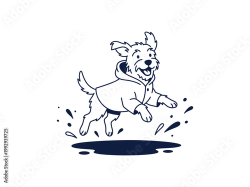 Joyful Dog in Hoodie Leaping Through a Splash of Water, Illustrative Line Art
