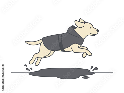 Cute yellow dog wearing a coat, happily jumping over a puddle in a cartoon illustration