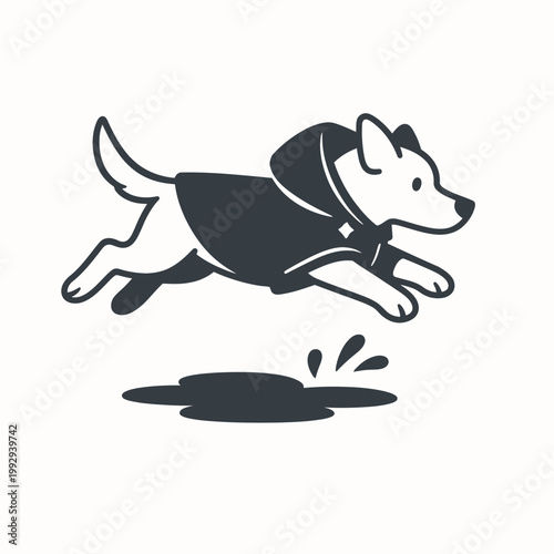 Illustration of a happy dog wearing a raincoat and jumping over a puddle in a cartoon style