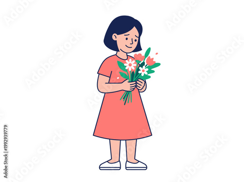Sweet young girl in a coral dress happily holding a vibrant bouquet of colorful flowers and greenery