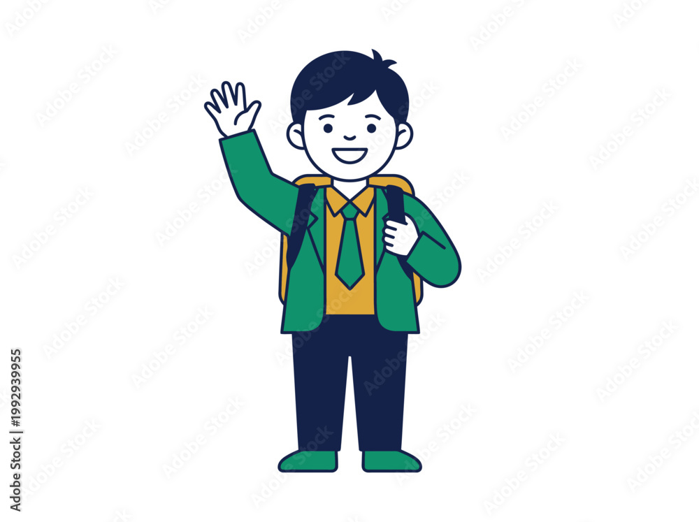 Obraz premium Young boy with a backpack, waving and smiling, illustration for school and education