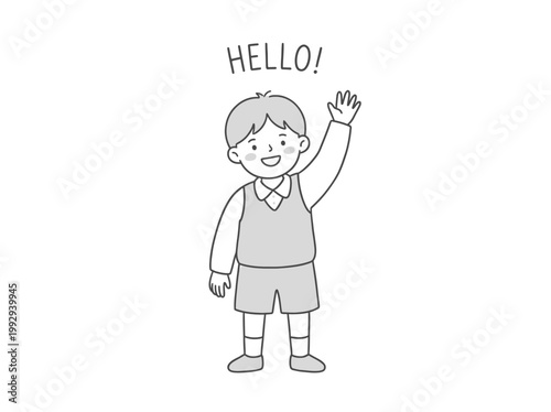 A simple cartoon illustration of a cheerful young boy waving hello, dressed in a vest and shorts, with the word 'HELLO!' written above his head in a friendly font