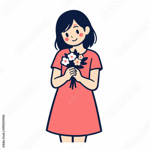 A sweet young girl in a pink dress holds a bouquet of flowers, her cheeks flushed with a gentle smile