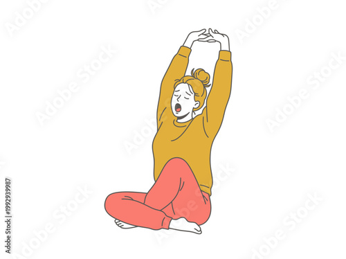 Relaxed Young Woman Stretching and Yawning After Waking Up, Enjoying a Calm Morning Routine and Self-Care Moment at Home