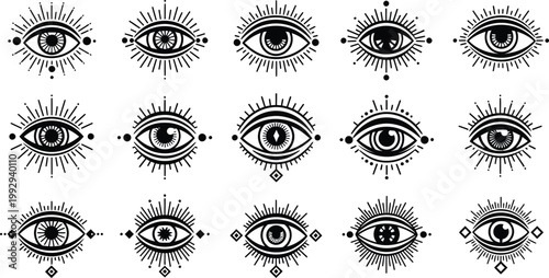 Collection of black and white stylized eye symbols with radiating lines and geometric shapes