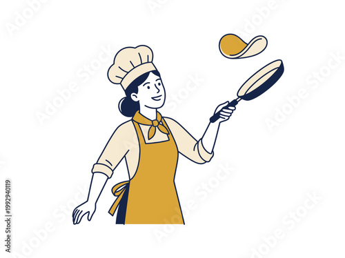 Young woman in chef hat and apron flipping pancake in pan, cooking demonstration, culinary arts, and food preparation illustration