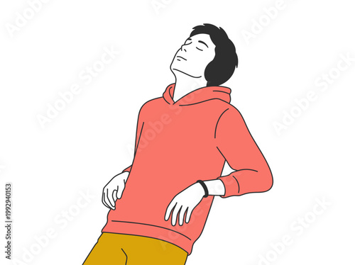 Stylized illustration of a relaxed young man leaning back with eyes closed, embodying peaceful rest and calm tranquility in a minimalist design