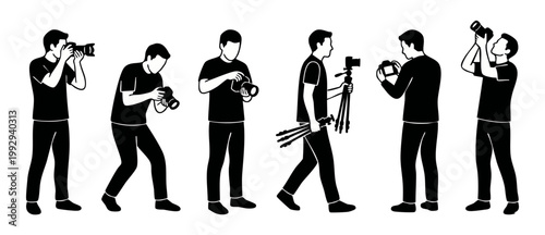 Photographer silhouette icon set, professional camera operator actions with tripod, capturing images in different poses and creative angles, flat vector design illustration for website and media conte