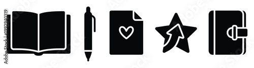 Essential black icons for education, writing, document favorites, importance, and personal organization management