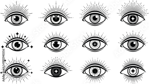 Twelve black and white stylized eye with radiating lines and geometric eyes symbol