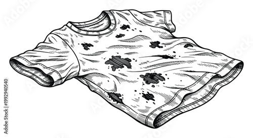 Sketch of a stained and crumpled tshirt, suitable for advertising cleaning solutions or laundry chore concepts