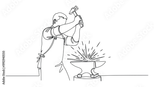 Blacksmith hammering metal on an anvil with sparks flying in a continuous line drawing suitable for industry concepts