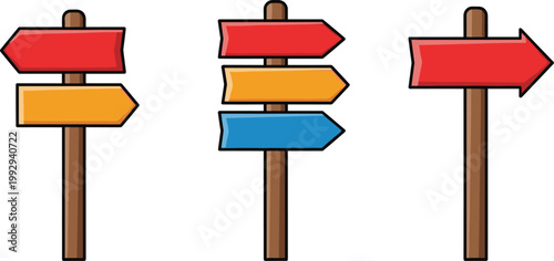 Set of Colorful Wooden Directional Signpost Icons with Red, Yellow, and Blue Arrows on White Background for Web, App, and Digital Media Designs