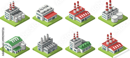 Factory and Industrial Plant Icon Set Featuring Manufacturing Buildings, Chimneys, and Storage Tanks for Business, Industry, and Infrastructure Designs