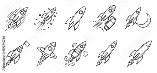 Line drawing flying rockets showing space exploration, business growth, and rapid progress suitable for web and app icons