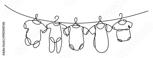 Minimalist single line drawing of baby clothes on a clothesline for newborn celebration graphics or branding