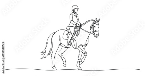 Continuous line drawing of a horseback rider and horse in equestrian sport for minimalist design projects