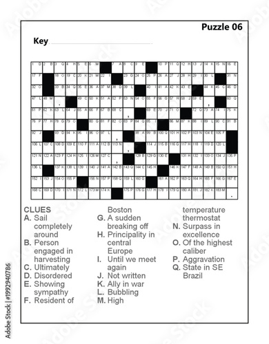 Acrostic Puzzle Game Sheet with Word Clues and Letter Grid for Brain Training Puzzle 06