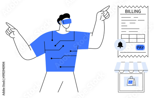 Digital payments, VR shopping, financial tech, e-commerce, electronic billing, innovation. Person wearing VR headset with digital elements, bill alert icon shopping bag. Digital payments and VR