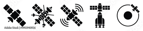 Versatile satellite technology icons representing global communication, advanced space exploration, and planetary orbit for digital content and scientific presentations.