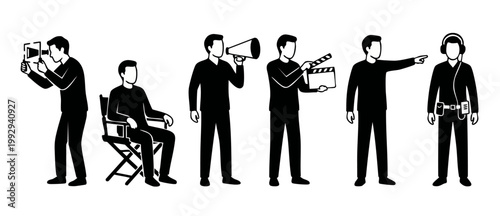 Film Crew Icons Set, Filmmaking Production Characters, Director Camera Operator Sound Technician People Vector Illustrations, Movie Industry Professional Roles, Behind The Scenes Concept Black Shapes