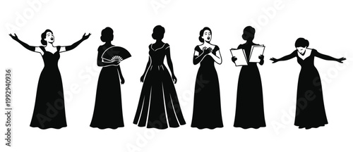 Opera singer silhouettes in gowns performing on stage, classical vocal artist poses, dramatic theater actress gestures, set of musical performance vector icons isolated on a white background for desig