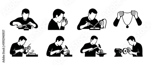 Jeweler Working Icons Set, Professional Goldsmith Crafting Jewelry Pieces, Repairing Rings, Setting Gemstones and Polishing Accessories. Collection of Craftsmanship Manual Processes and Metalworking S
