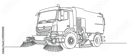 Continuous line drawing of a street sweeper truck for urban maintenance or public works service publications.