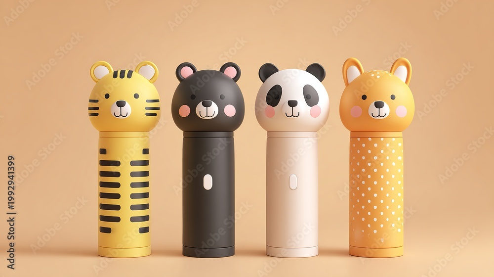 Fototapeta premium A group of colorful animal shaped toothbrushes for kids on a beige background