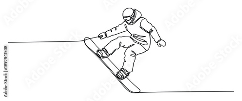 Dynamic single line drawing of a snowboarder actively carving on a board perfect for winter sports branding and graphic design