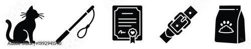 Essential cat care icon set featuring a feline, wand toy, certificate, pet collar, and food package for animal product promotions.