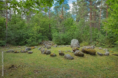 Mäla kalmed (Mäla burial site), an ancient archaeological site located in the village of Mäla on the Estonian island of Muhu, Estonia, Europe.