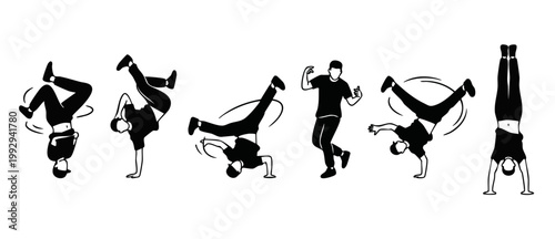 Breakdance silhouettes set with urban hip hop dancers performing acrobatic moves, energetic freestyle dance poses, isolated black icons on white background, creative street style vector illustration.