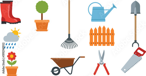 Set of Gardening Tools and Accessories Icons Including Boots, Plants, Watering Can, Fence, and Weather Symbols for Garden Care and Outdoor Design