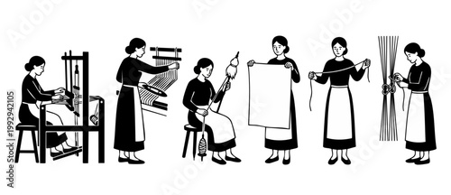 Woman weaving textile fabric production process, traditional artisan working on loom and spinning thread, handmade craft set, vintage tailor occupation, monochrome vector illustration of handicraft sk