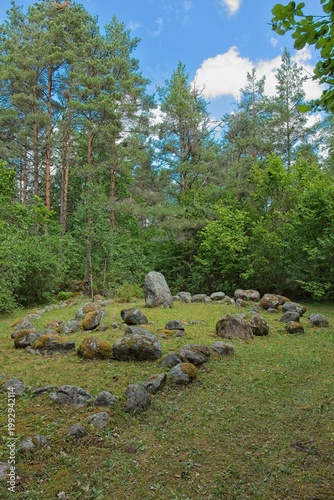 Mäla kalmed (Mäla burial site), an ancient archaeological site located in the village of Mäla on the Estonian island of Muhu, Estonia, Europe.