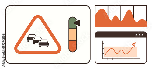 Traffic management, transportation planning, road safety, congestion monitoring, urban mobility, data visualization. Warning symbol with traffic sign, bar meter and analytic graphs. Traffic