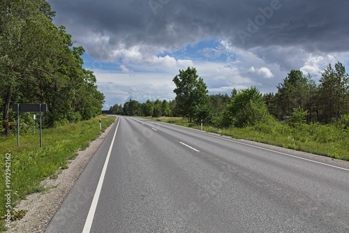Kuivastu - Kuressaare asphalt road road in rural landscape in cloudy summer weather, Muhu, Estonia, Europe.