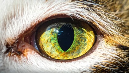 Macro Close-up of a Cats Eye with Vibrant Green and Yellow Iris.