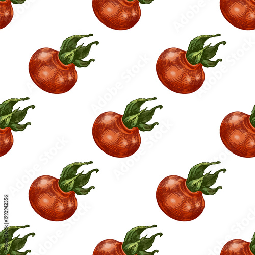 Hand drawn vintage seamless pattern of rosehip fruits with green calyx in colored engraving style botanical illustration