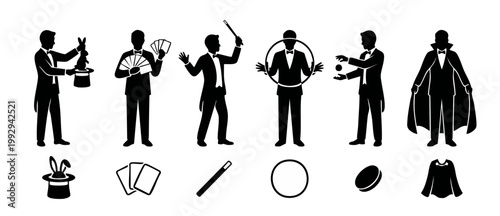 Magician silhouette icon set performing magic tricks with rabbit hat cards wand hoop and cape, professional illusionist character poses, vector illustration isolated on white background for entertainm